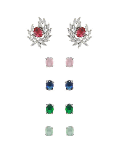 Multicolor Solitaire Leaf Silver-Plated Stud Earring Set of 5