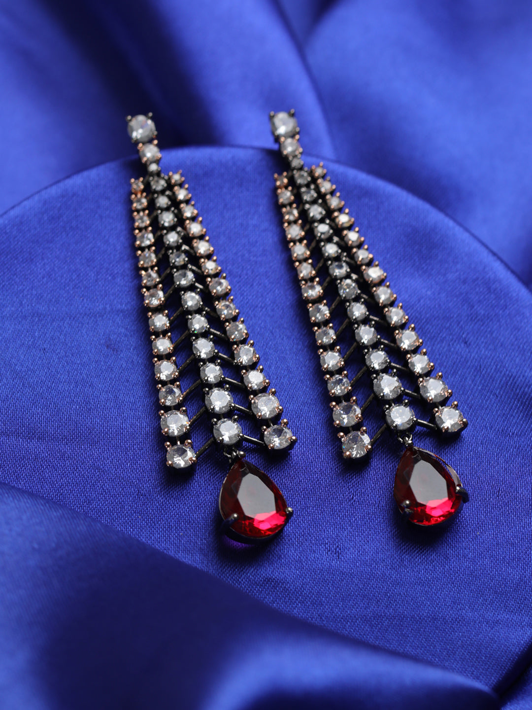 Priyaasi Magenta Leaf AD Gunmetal-Plated Drop Earrings