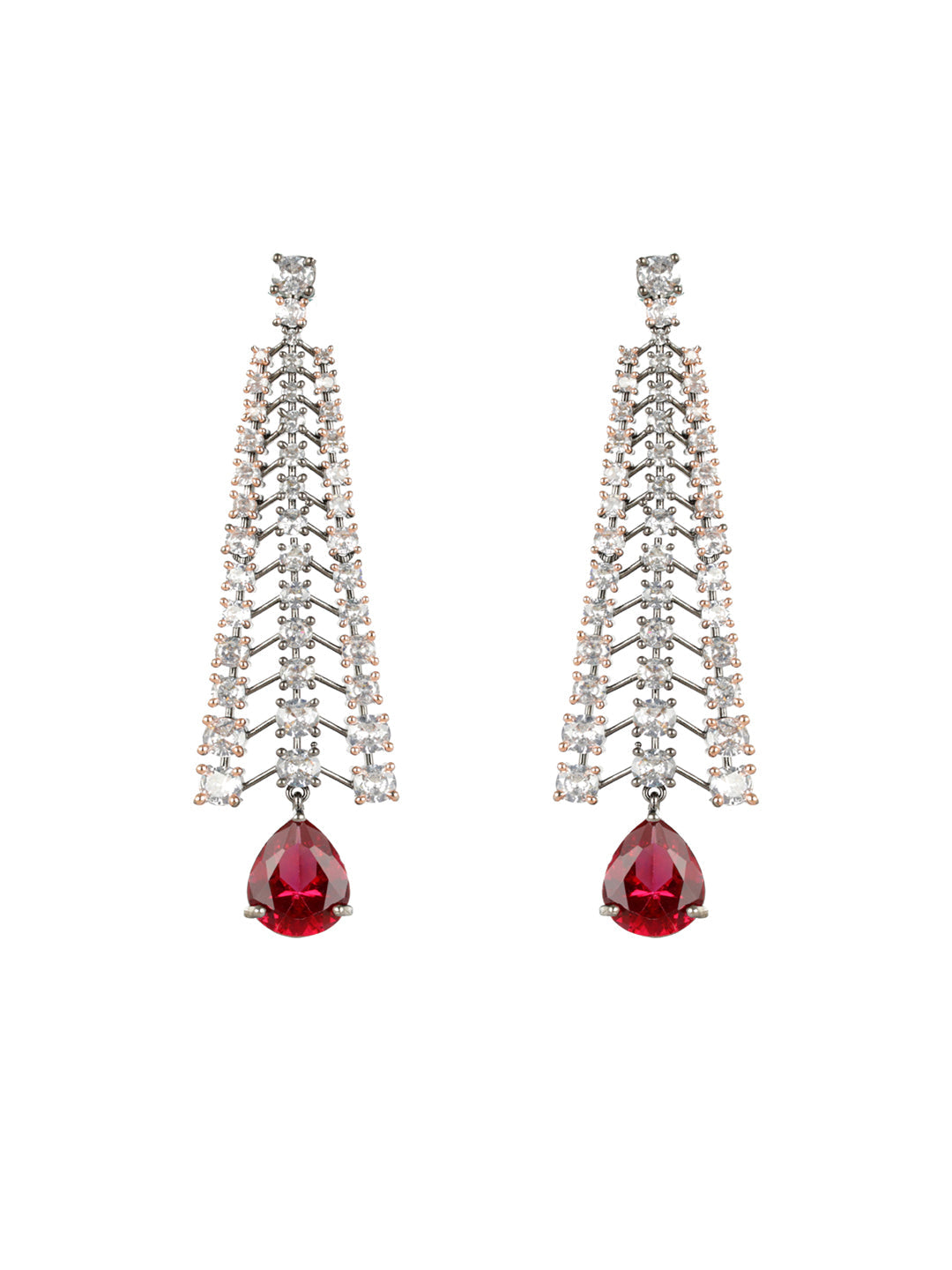Priyaasi Magenta Leaf AD Gunmetal-Plated Drop Earrings