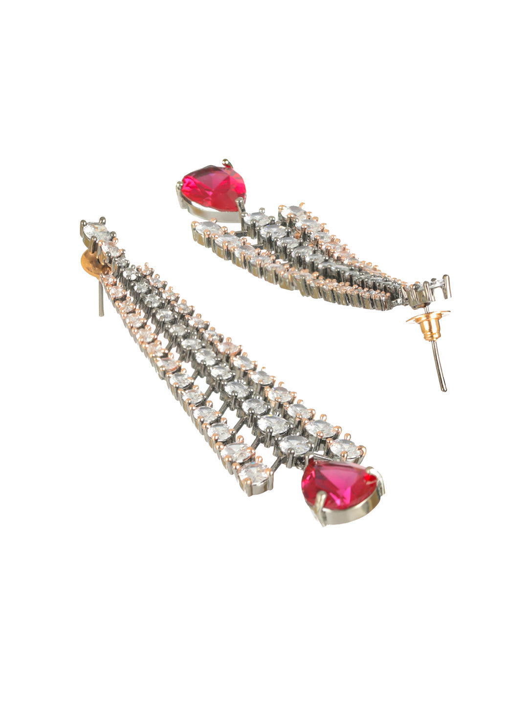 Priyaasi Magenta Leaf AD Gunmetal-Plated Drop Earrings