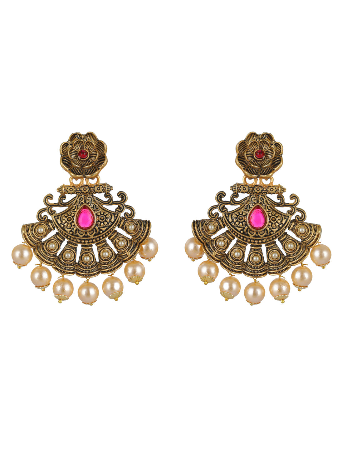 Priyaasi Red Floral Pearl Gold-Plated Drop Earrings