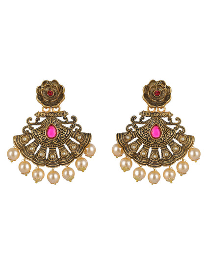 Priyaasi Red Floral Pearl Gold-Plated Drop Earrings