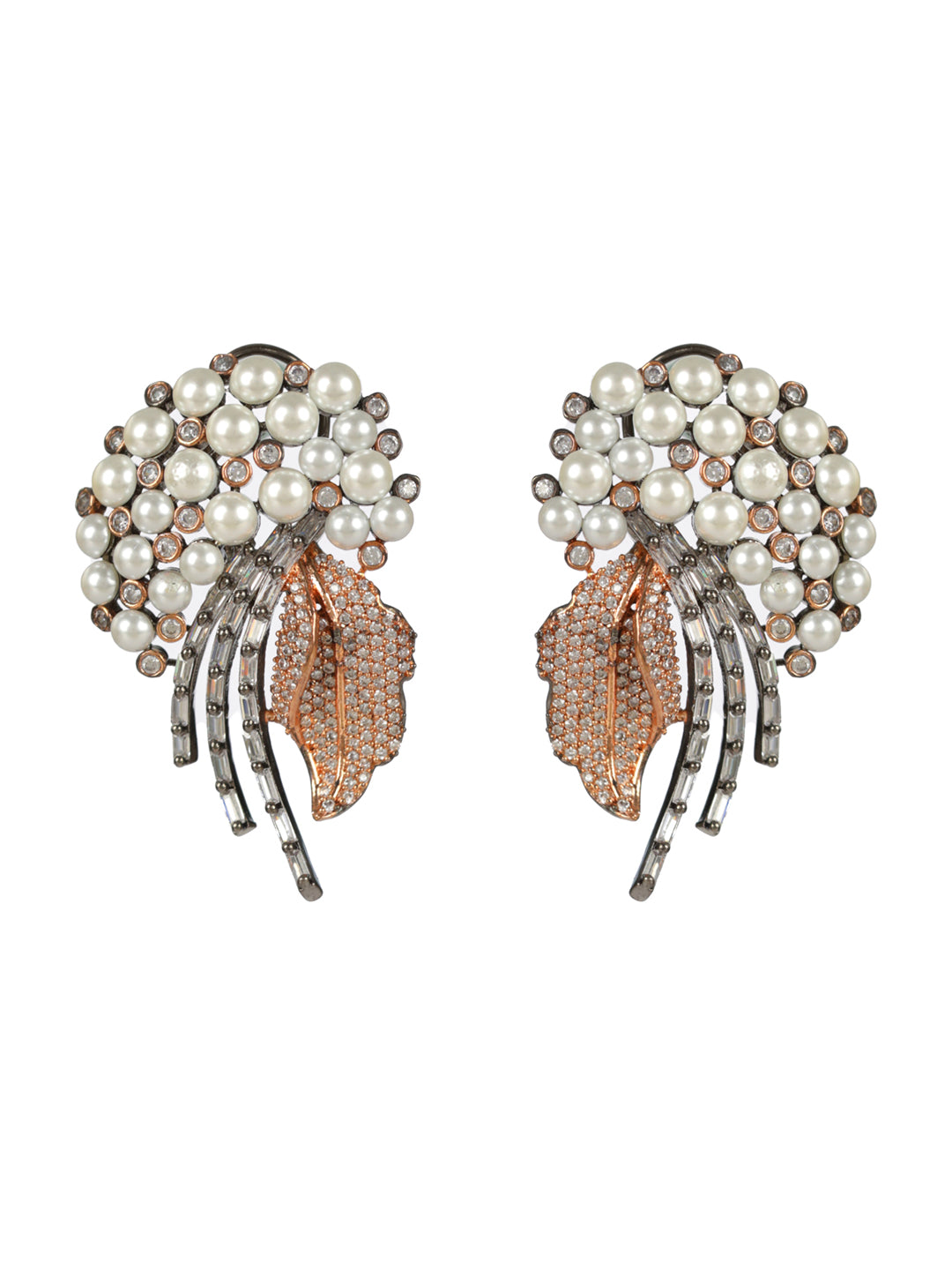 Priyaasi Leaf Pearl AD Rose Gold Gunmetal Plated Drop Earrings
