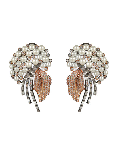 Priyaasi Leaf Pearl AD Rose Gold Gunmetal Plated Drop Earrings