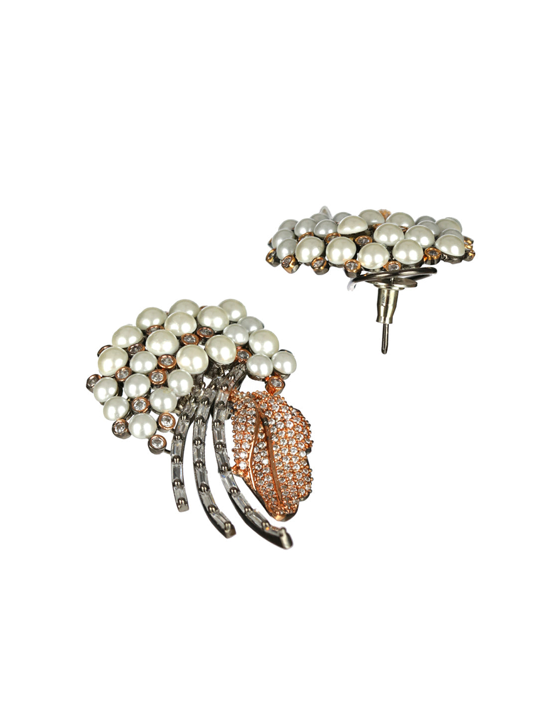 Priyaasi Leaf Pearl AD Rose Gold Gunmetal Plated Drop Earrings