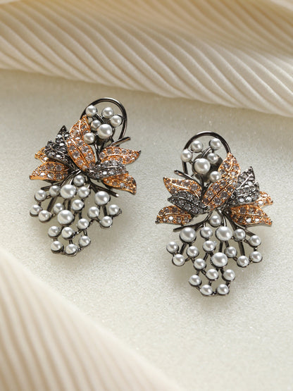 Priyaasi Studded Leaf Rose Gold Gunmetal-Plated Drop Earrings