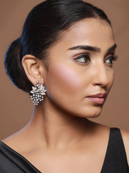 Priyaasi Studded Leaf Rose Gold Gunmetal-Plated Drop Earrings