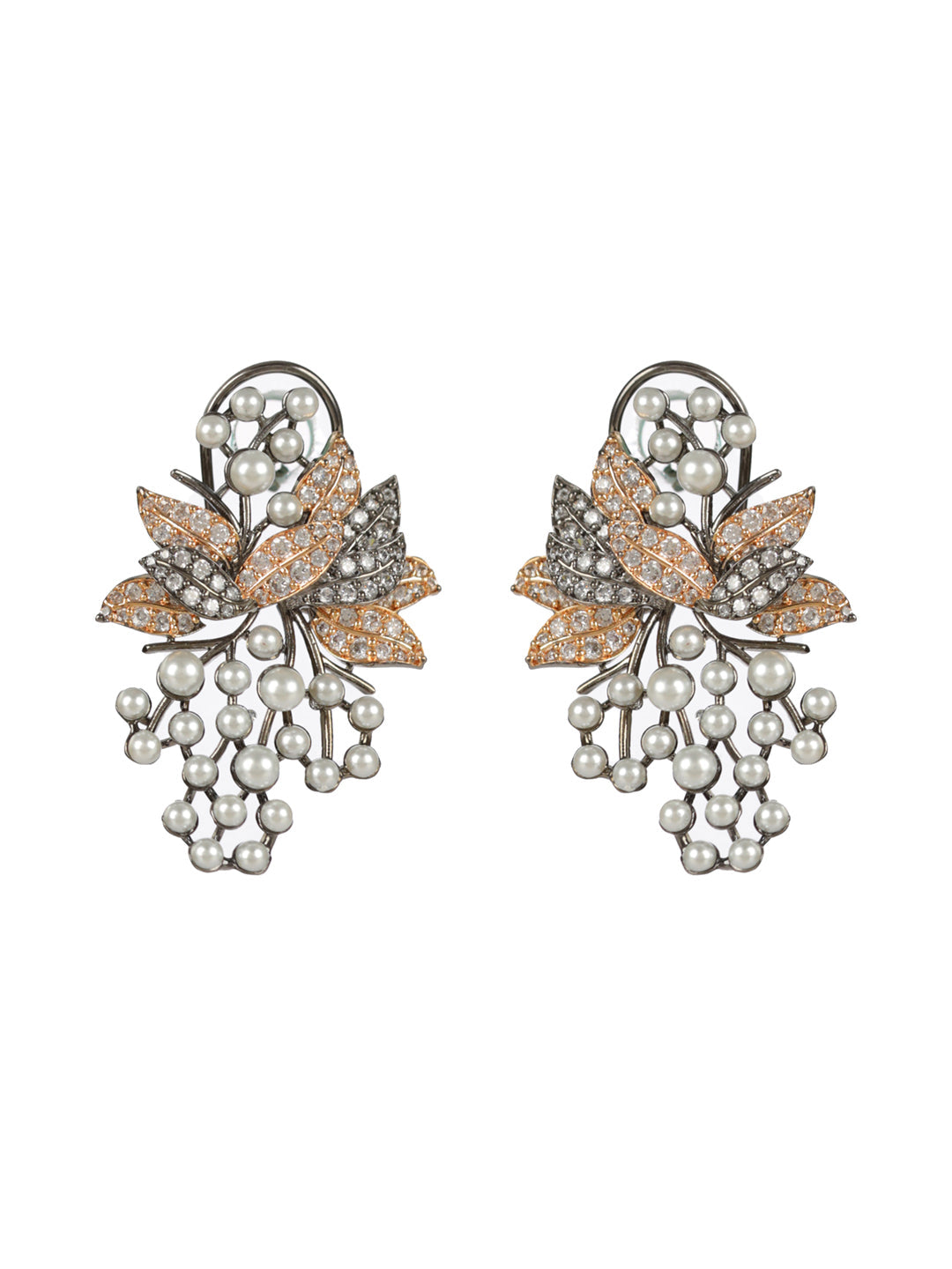 Priyaasi Studded Leaf Rose Gold Gunmetal-Plated Drop Earrings