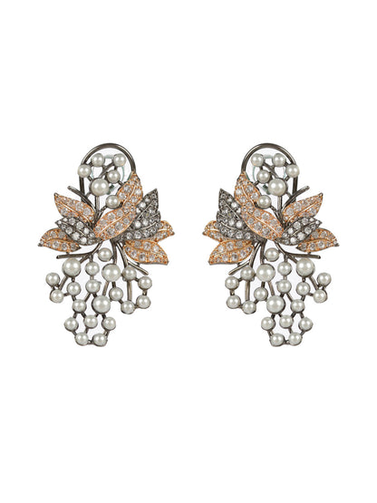 Priyaasi Studded Leaf Rose Gold Gunmetal-Plated Drop Earrings