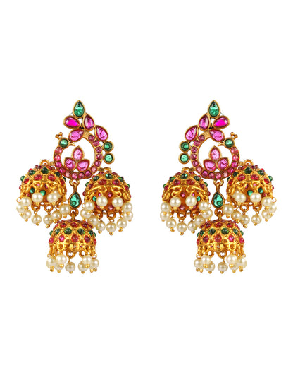 Priyaasi Multicolor Peacock Triple Jhumka Gold-Plated Earrings