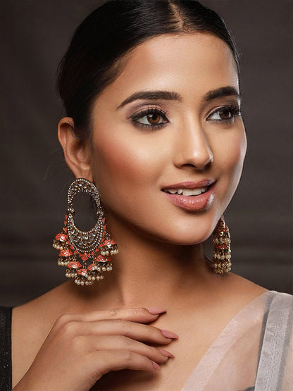 Priyaasi Peach Kundan Pearl Gold-Plated Chandbali Earrings