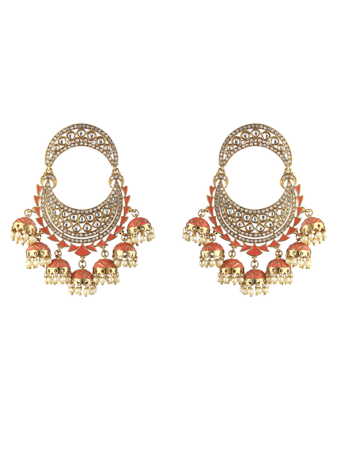 Priyaasi Peach Kundan Pearl Gold-Plated Chandbali Earrings