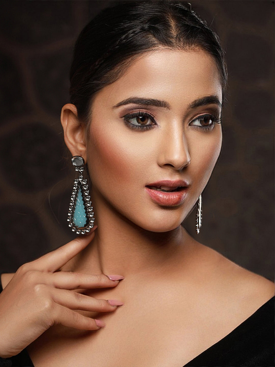 Priyaasi Blue Leaf Kundan Silver-Plated Drop Earrings
