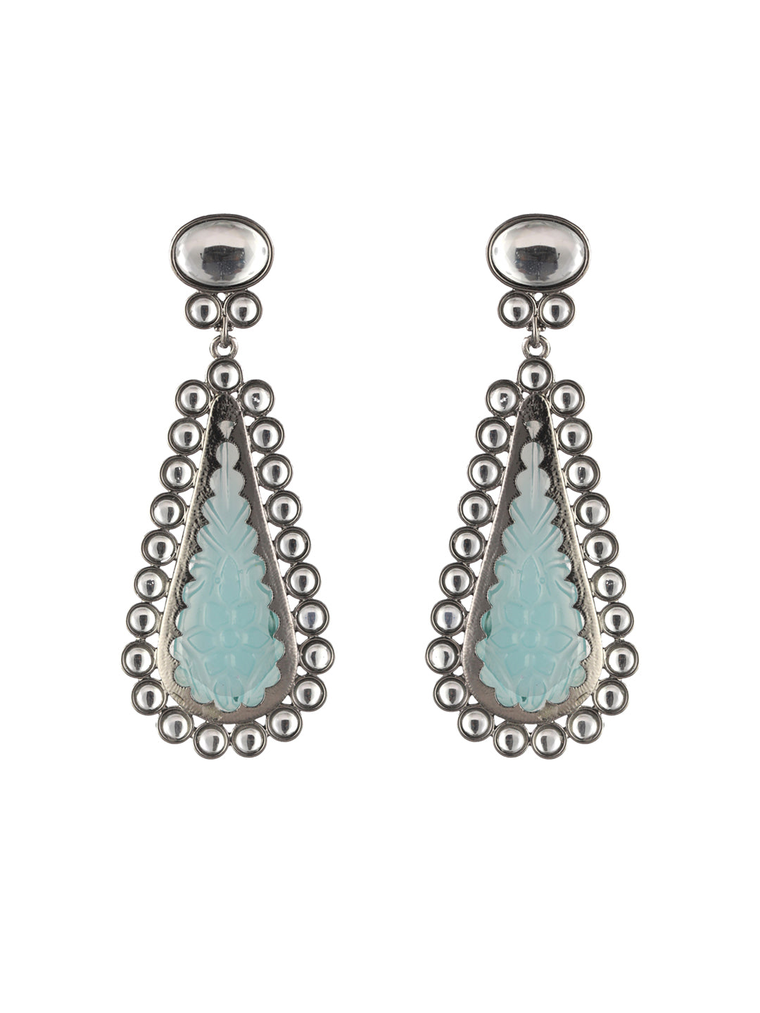 Priyaasi Blue Leaf Kundan Silver-Plated Drop Earrings