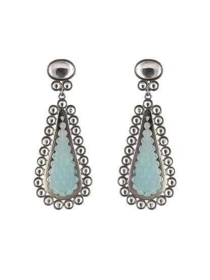 Priyaasi Blue Leaf Kundan Silver-Plated Drop Earrings