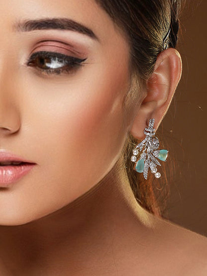 Blue Floral AD Pearl Silver-Plated Drop Earrings