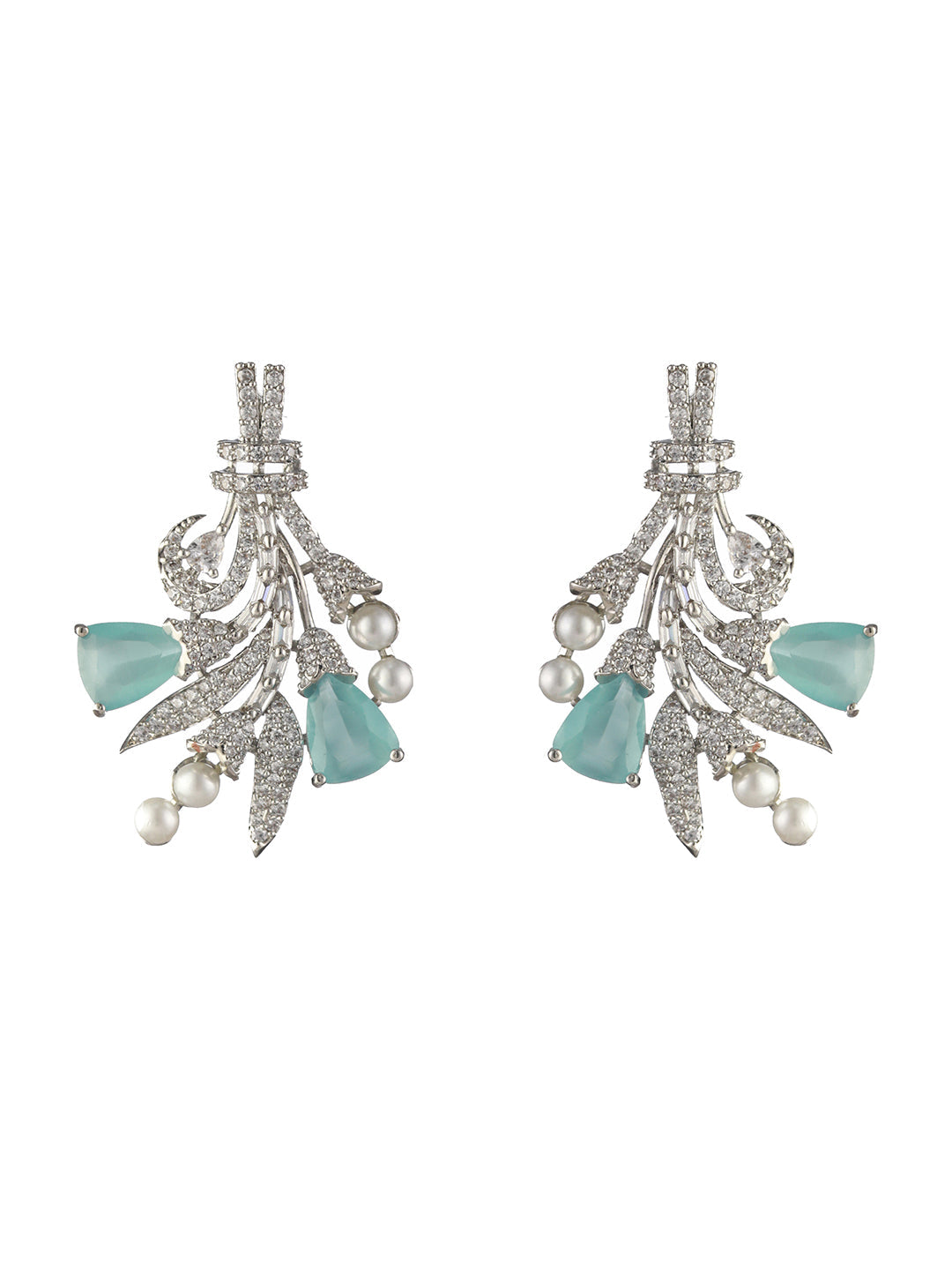 Blue Floral AD Pearl Silver-Plated Drop Earrings