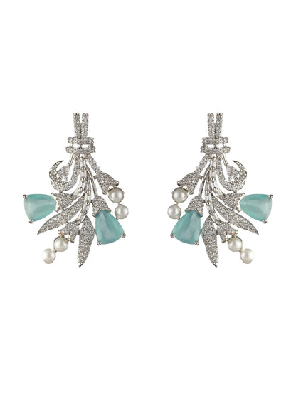 Blue Floral AD Pearl Silver-Plated Drop Earrings