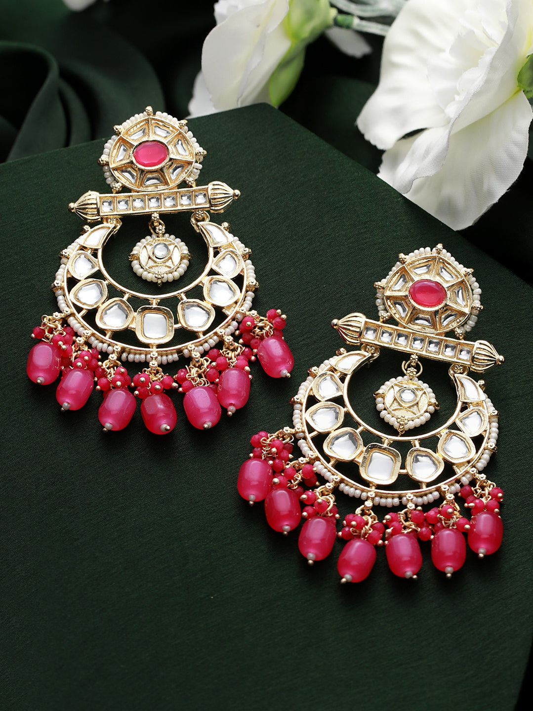 Pink Kundan Beaded Chandbali Gold-Plated Earrings