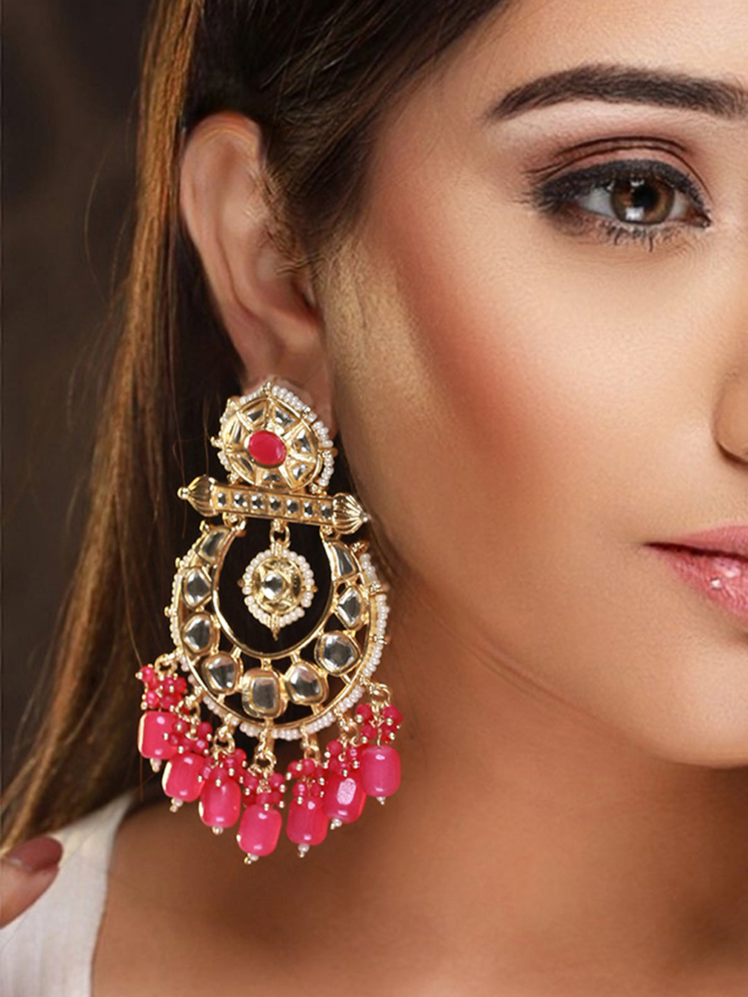 Pink Kundan Beaded Chandbali Gold-Plated Earrings