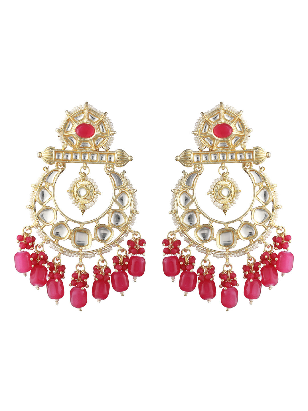 Pink Kundan Beaded Chandbali Gold-Plated Earrings