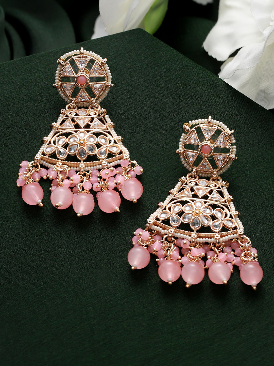 Pretty Pink Studded Floral Gold-Plated Drop Earrings