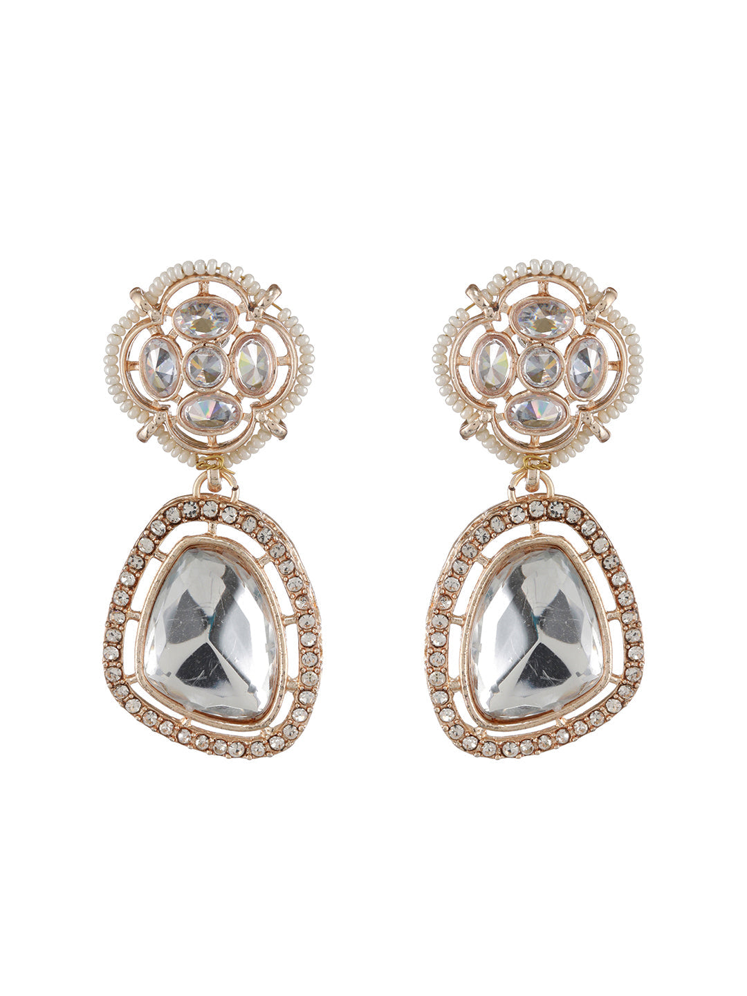 Floral AD Studded Rose Gold-Plated Drop Earrings