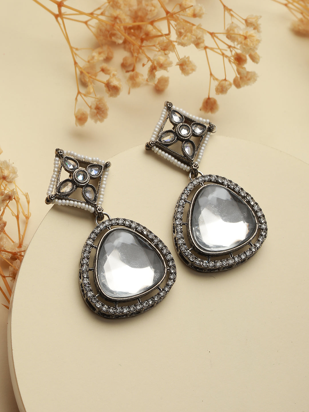 Floral AD Studded Silver-Plated Drop Earrings