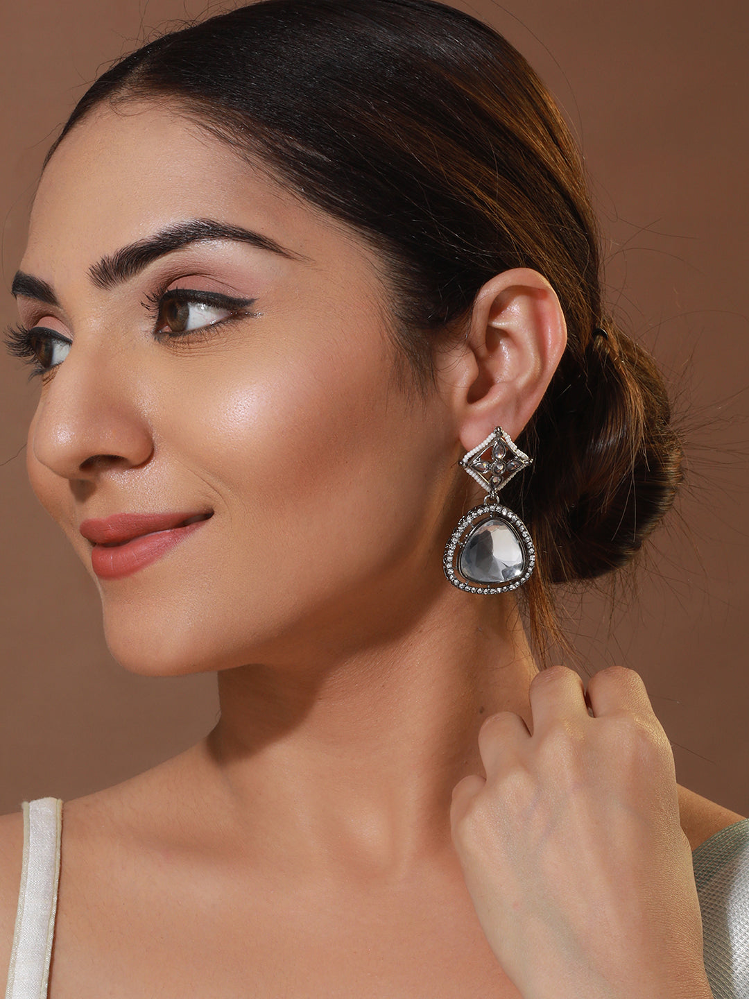 Floral AD Studded Silver-Plated Drop Earrings
