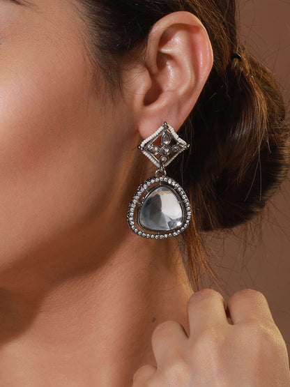 Floral AD Studded Silver-Plated Drop Earrings