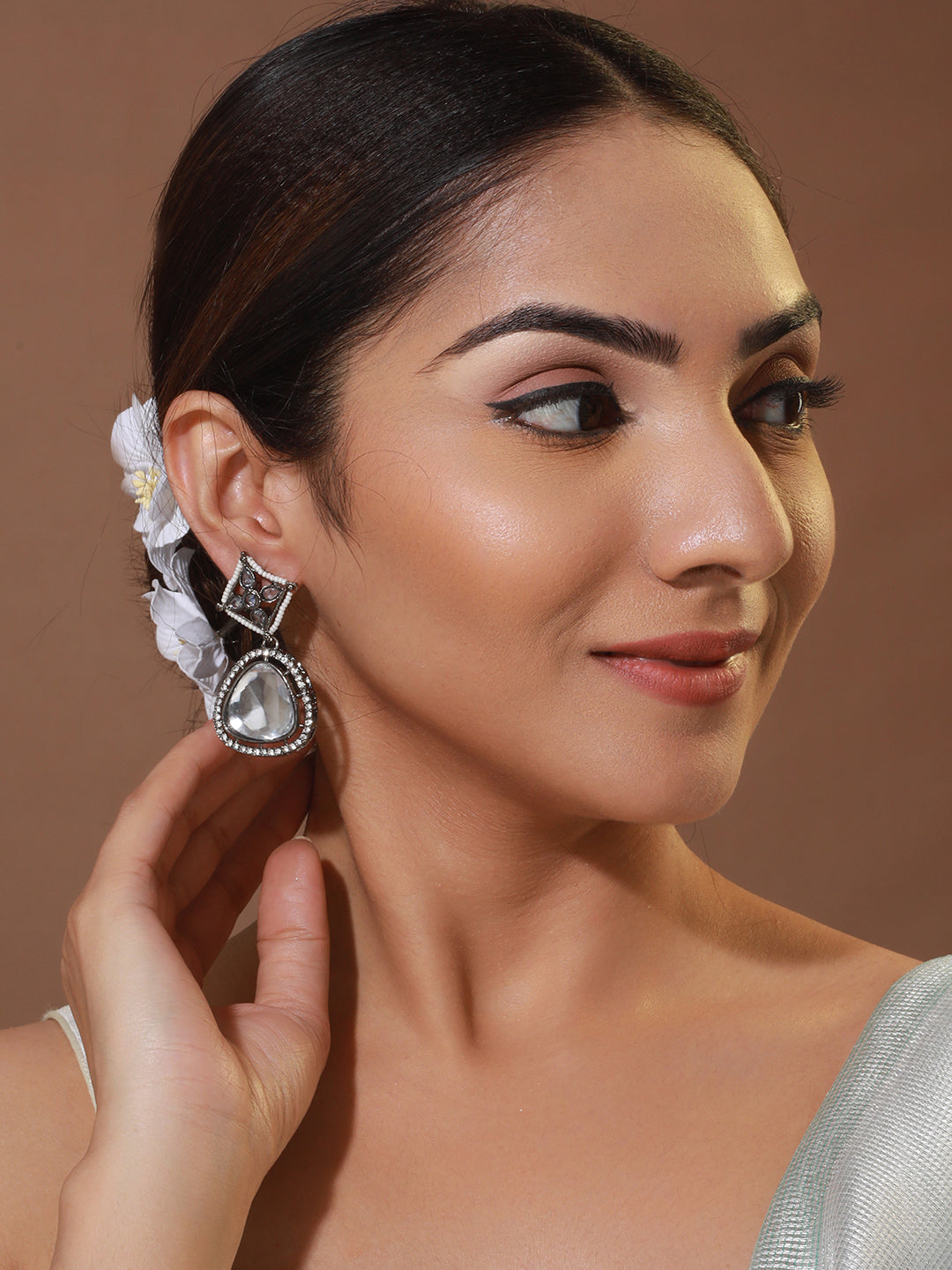 Floral AD Studded Silver-Plated Drop Earrings