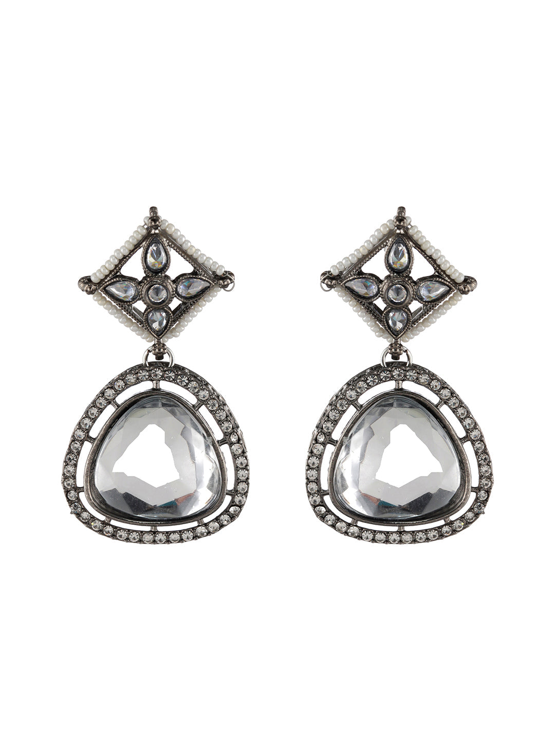 Floral AD Studded Silver-Plated Drop Earrings