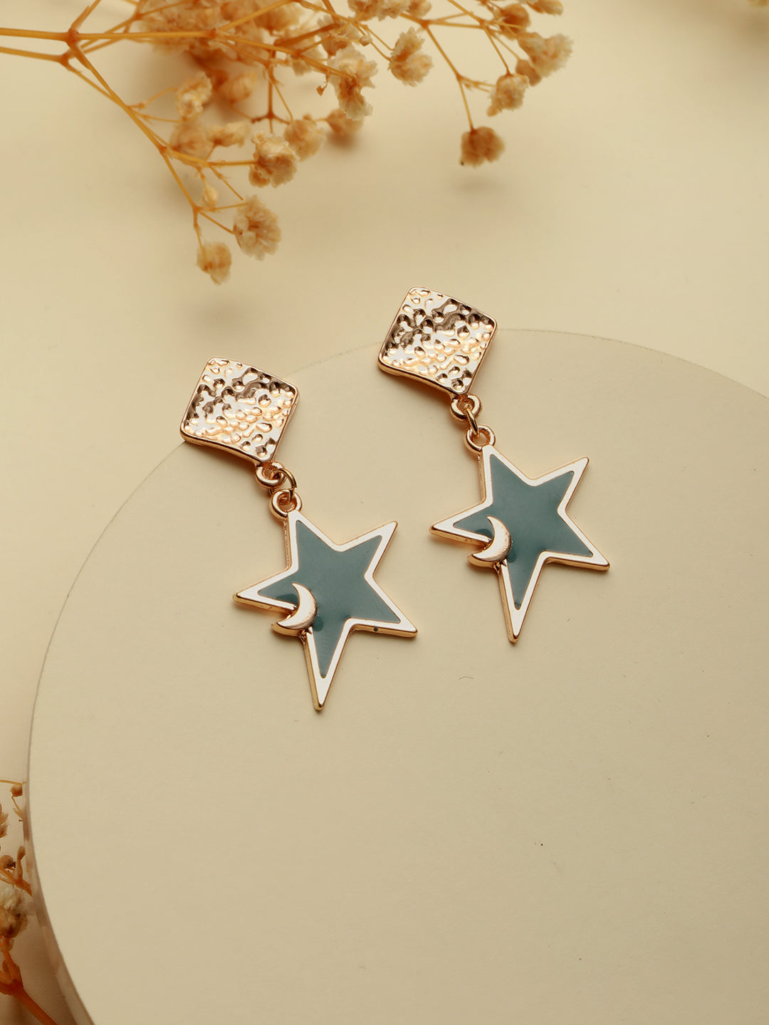 Textured Box Blue Star Drop Rose Gold-Plated Earrings