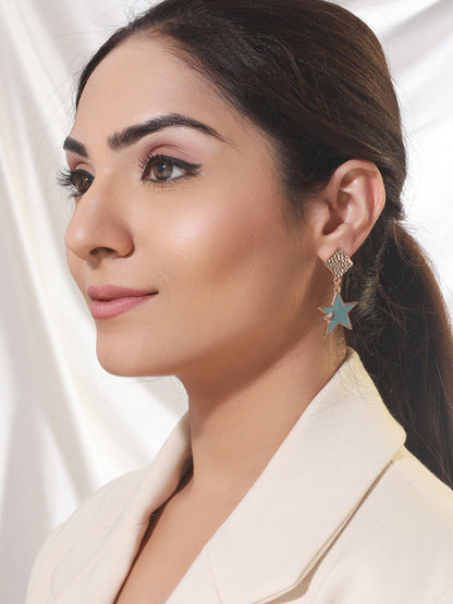 Textured Box Blue Star Drop Rose Gold-Plated Earrings