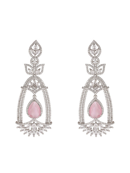 Pink Leaf American Diamond Silver-Plated Drop Earrings