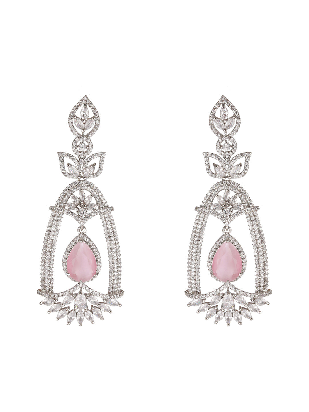 Pink Leaf American Diamond Silver-Plated Drop Earrings