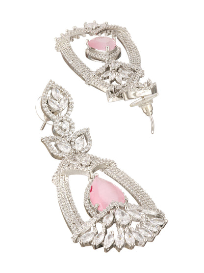 Pink Leaf American Diamond Silver-Plated Drop Earrings