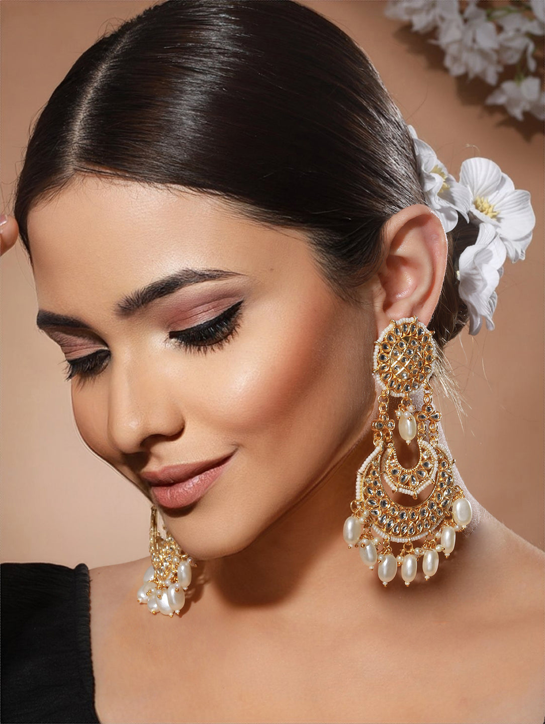 White Floral Kundan Pearl Beads Gold-Plated Chandbali Drop Earrings