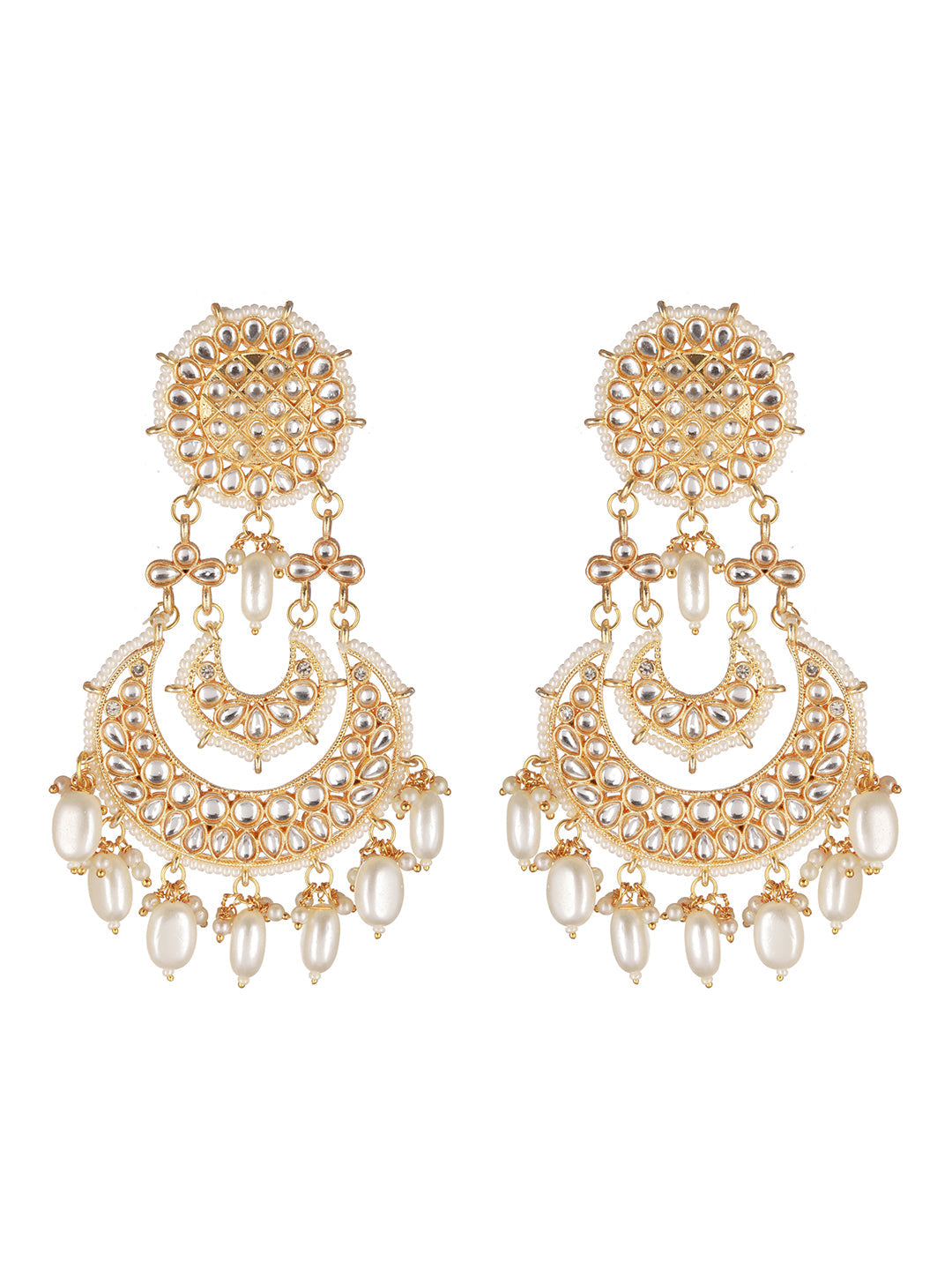 White Floral Kundan Pearl Beads Gold-Plated Chandbali Drop Earrings
