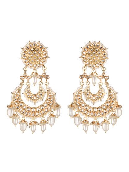 White Floral Kundan Pearl Beads Gold-Plated Chandbali Drop Earrings