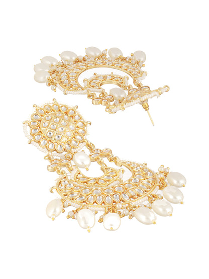 White Floral Kundan Pearl Beads Gold-Plated Chandbali Drop Earrings
