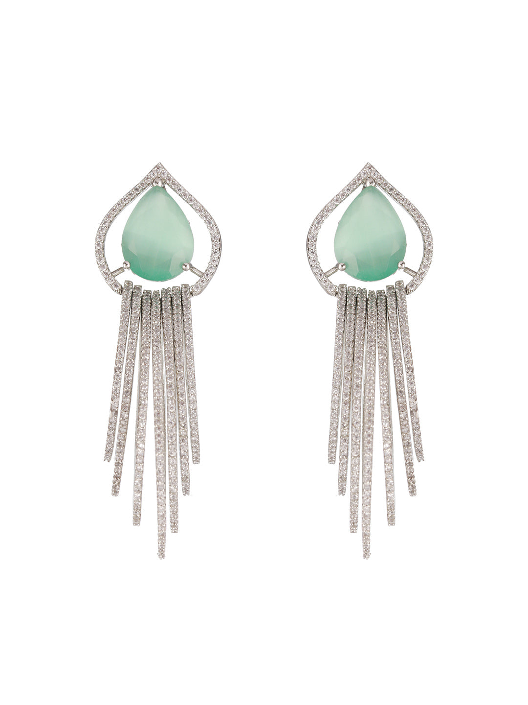 Mint Green Leaf Rings American Diamond Silver-Plated Earrings