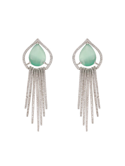 Mint Green Leaf Rings American Diamond Silver-Plated Earrings