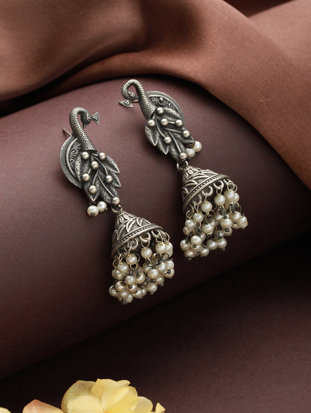 Priyaasi Oxidised Silver Peacock Pearl Drop Jhumka Earrings