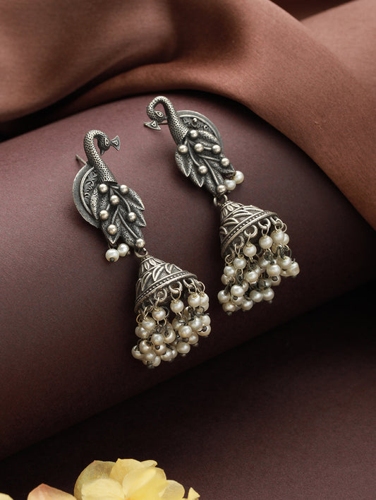 Priyaasi Oxidised Silver Peacock Pearl Drop Jhumka Earrings