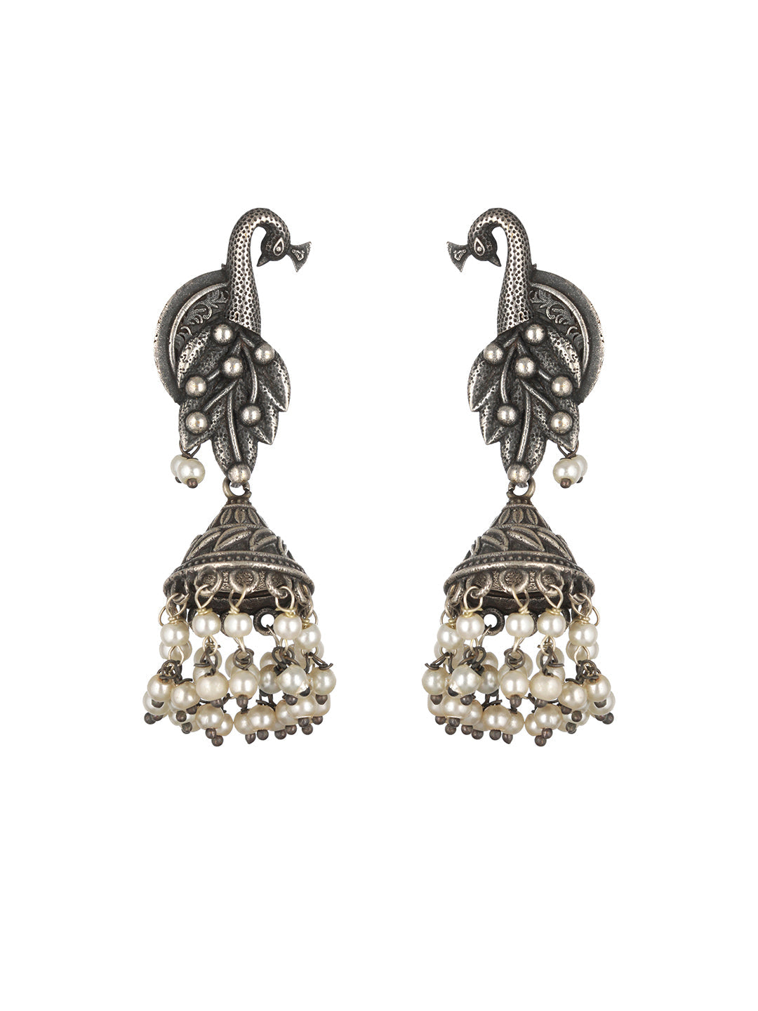 Priyaasi Oxidised Silver Peacock Pearl Drop Jhumka Earrings