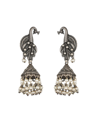 Priyaasi Oxidised Silver Peacock Pearl Drop Jhumka Earrings
