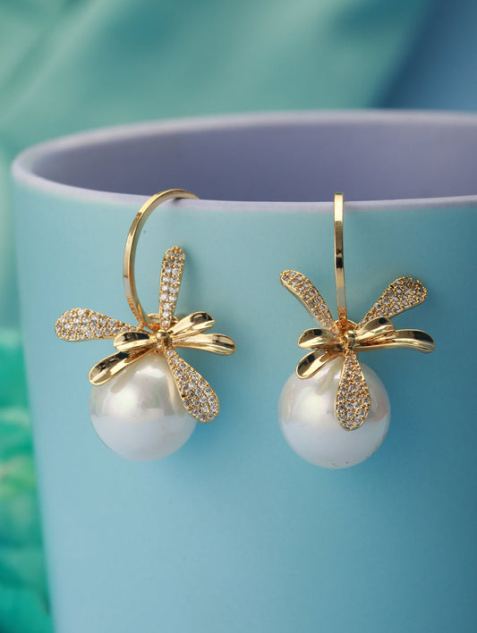 American Diamond Floral Pearl Drop Gold-Plated Earrings