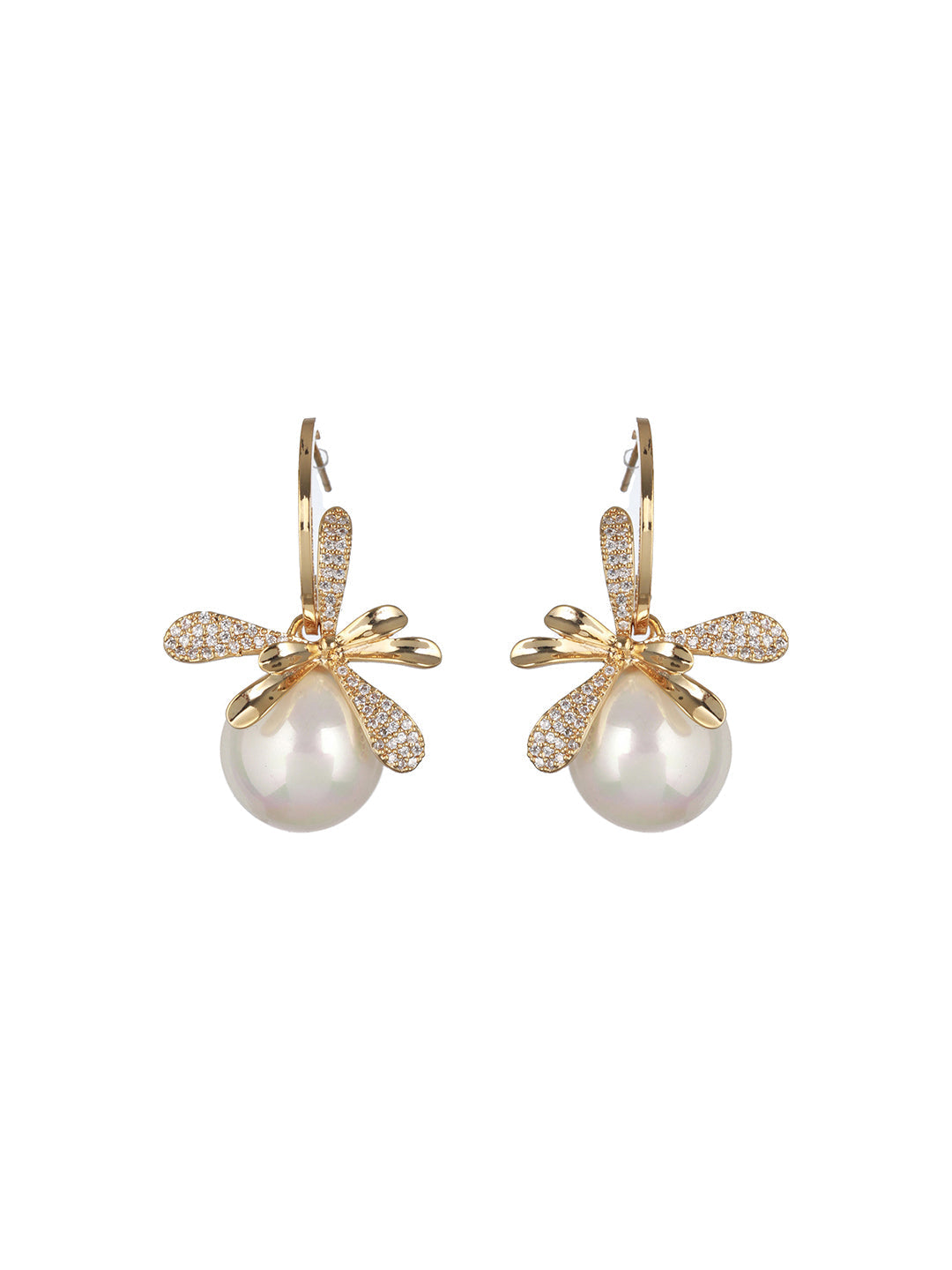 American Diamond Floral Pearl Drop Gold-Plated Earrings