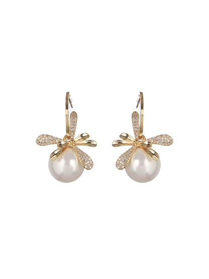 American Diamond Floral Pearl Drop Gold-Plated Earrings